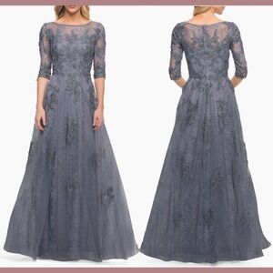La Femme Slate Floral Lace & Tulle Gown (Size 4)